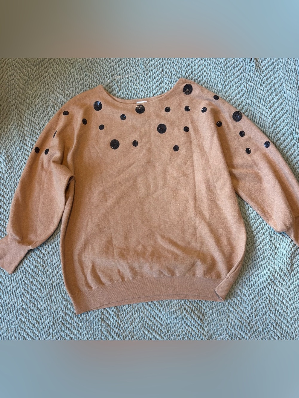 Chico's Camel Crewneck Sweater with Black Polka Dots size 2